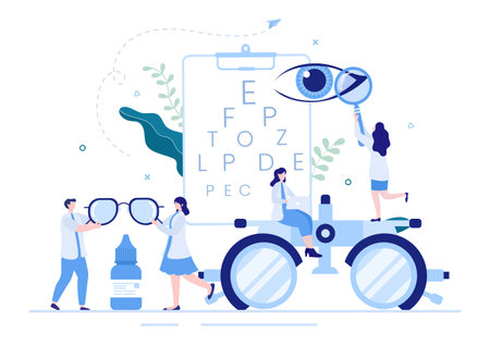 Ophthalmology of Checks Patient Sight, Optical Eyes Test, Spectacles Technology and Choosing Eyeglasses with Correction Lens in Flat Cartoon Illustrationのイラスト素材