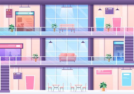 Shopping Mall Modern Background Illustration with Interior Inside, Escalator and Various Retail Store in Flat Style Designのイラスト素材