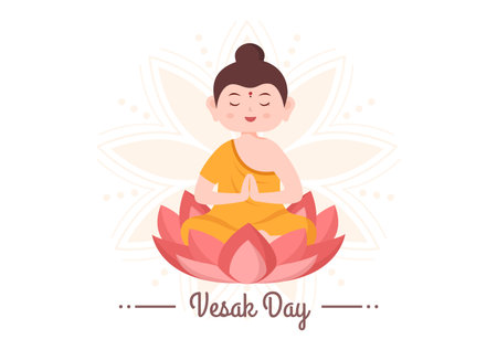 Vesak Day Celebration with Temple Silhouette, Lotus Flower Decoration, Lantern or Buddha Person in Flat Cartoon Background Illustration for Greeting Cardのイラスト素材