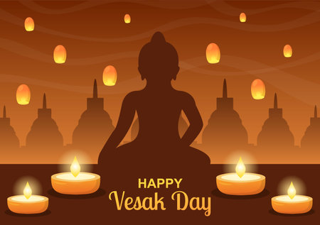Vesak Day Celebration with Temple Silhouette, Lotus Flower Decoration, Lantern or Buddha Person in Flat Cartoon Background Illustration for Greeting Cardのイラスト素材