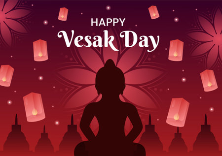 Vesak Day Celebration with Temple Silhouette, Lotus Flower Decoration, Lantern or Buddha Person in Flat Cartoon Background Illustration for Greeting Cardのイラスト素材