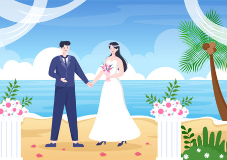 Happy Couple Celebrating Wedding or Married Ceremony with Beautiful Flower Decorations Outdoors Room in Flat Background Cartoon Style Illustrationのイラスト素材