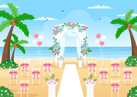 Wedding Organizer Providing Decoration Service or Making Plans Before Married Ceremony in Flat Background Cartoon Style Illustrationのイラスト素材