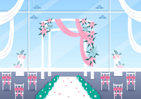 Wedding Organizer Providing Decoration Service or Making Plans Before Married Ceremony in Flat Background Cartoon Style Illustrationのイラスト素材
