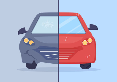 Car Windshield Replacement and Car Body Frame Repair Due to Cracks, Breaks or Accidents in Flat Style Cartoon Illustrationのイラスト素材