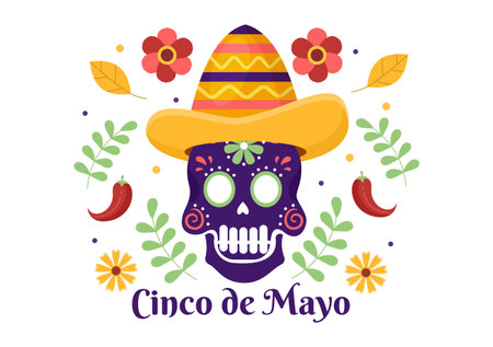 Cinco de Mayo Mexican Holiday Celebration Cartoon Style Illustration with Cactus, Guitar, Sombrero and Drinking Tequila for Poster or Greeting Cardのイラスト素材