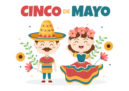 Cinco de Mayo Mexican Holiday Celebration Cartoon Style Illustration with Cactus, Guitar, Sombrero and Drinking Tequila for Poster or Greeting Cardのイラスト素材