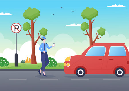 Traffic Police Ticketing Car on Road Vector Illustration with Standing and Wearing Uniform with Equipment Flat Cartoon Styleのイラスト素材