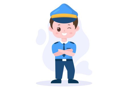 Cute Children Police Officer Character Vector Illustration Using Uniform with Set Equipment in Flat Cartoon Styleのイラスト素材