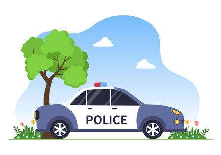 Police Station Department Building Vector Illustration with Policeman and Car on Flat Cartoon Style Backgroundのイラスト素材