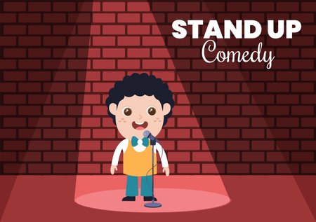 Stand Up Comedy Show Theater Scene with Red Curtains and Open Microphone to Comedian Performing on Stage in Flat Style Cartoon Illustrationのイラスト素材