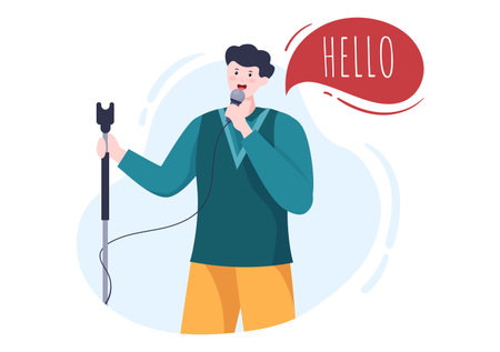 Stand Up Comedy Show Theater Scene with Red Curtains and Open Microphone to Comedian Performing on Stage in Flat Style Cartoon Illustrationのイラスト素材