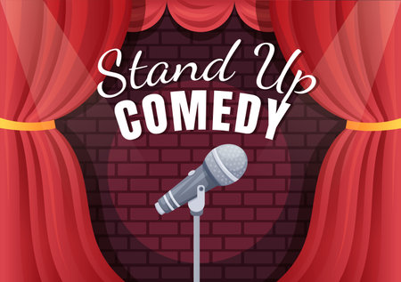 Stand Up Comedy Show Theater Scene with Red Curtains and Open Microphone to Comedian Performing on Stage in Flat Style Cartoon Illustrationのイラスト素材