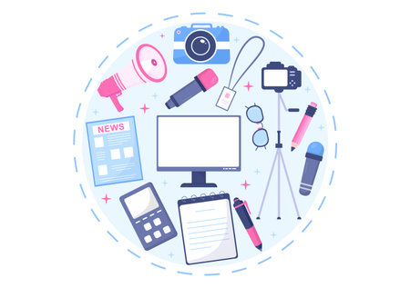 Journalism or Social Broadcasting with Equipment, News, Microphones, Reporter and Interview Speech Media Event in Flat Style Cartoon Illustrationのイラスト素材
