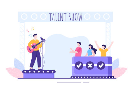 Talent Show with Contestants Displaying their Skill on Stage or Podium in Front of Judges Judging them in Cartoon Illustrationのイラスト素材