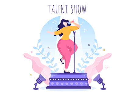 Talent Show with Contestants Displaying their Skill on Stage or Podium in Front of Judges Judging them in Cartoon Illustrationのイラスト素材