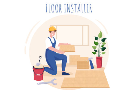 Floor Installation Cartoon Illustration with Repairman, Laying Professional Parquet, Wood or tile Floors in House Flooring Renovation Designのイラスト素材