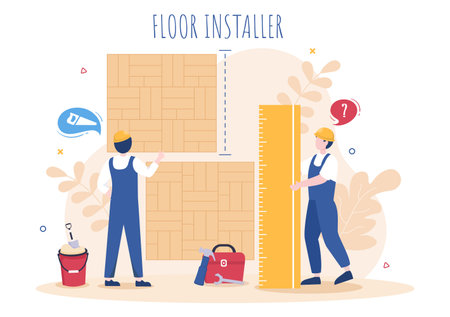 Floor Installation Cartoon Illustration with Repairman, Laying Professional Parquet, Wood or tile Floors in House Flooring Renovation Designのイラスト素材