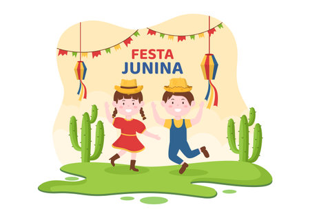 Festa Junina or Sao Joao Celebration Cartoon Illustration Made Very Lively by Singing, Dancing Samba and Playing Traditional Games Come From Brazilのイラスト素材