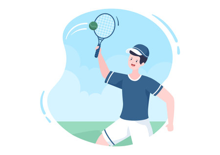 Tennis Player with Racket in Hand and Ball on Court. People doing Sports Match in Flat Cartoon Illustrationのイラスト素材