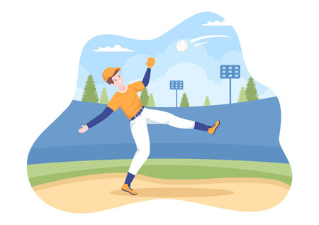 Baseball Player Sports Throwing, Catching or Hitting a Ball with Bats and Gloves Wearing Uniform on Court Stadium in Flat Cartoon Illustrationのイラスト素材