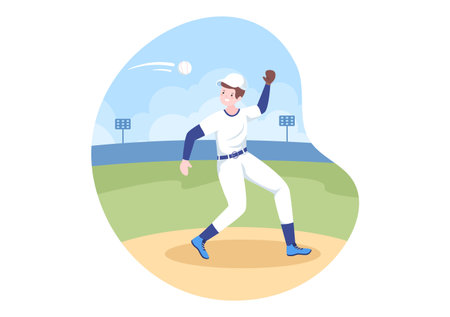 Baseball Player Sports Throwing, Catching or Hitting a Ball with Bats and Gloves Wearing Uniform on Court Stadium in Flat Cartoon Illustrationのイラスト素材