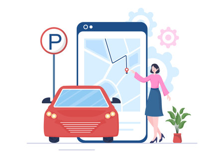Valet Parking with Ticket Image and Multiple Cars on Public Car Park in Flat Background Cartoon Illustrationのイラスト素材