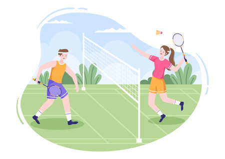 Badminton Player with Shuttle on Court in Flat Style Cartoon Illustration. Happy Playing Sport Game and Leisure Designのイラスト素材