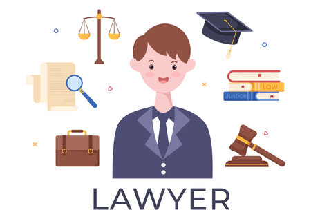 Lawyer, Attorney and Justice with Laws, Scales, Buildings, Book or Wooden Judge Hammer to Consultant in Flat Cartoon Illustrationのイラスト素材