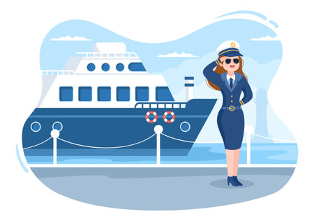 Woman Cruise Ship Captain Cartoon Illustration in Sailor Uniform Riding a Ships, Looking with Binoculars or Standing on the Harbor in Flat Designのイラスト素材