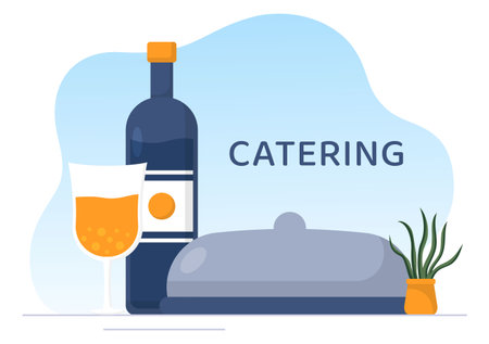Catering Service with People Hands and a Table for Corporate Meeting, Banquets Wedding or Party on Cafe or Restaurant in Flat Cartoon Illustrationのイラスト素材