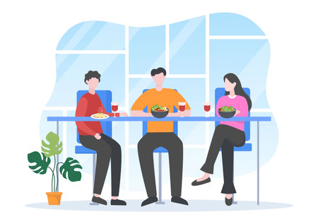 People Eating, Talking, Drinking and Working at Tables on Cafe or Restaurant in Flat Cartoon Illustrationのイラスト素材