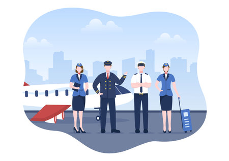 Pilot Cartoon Vector Illustration with Airplane, Air Hostess, City or Airport Background Designのイラスト素材