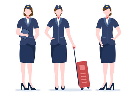 Stewardess or Air Hostess with Blue Uniform and Carry a Suitcase at Airport in Cartoon Vector Illustrationのイラスト素材
