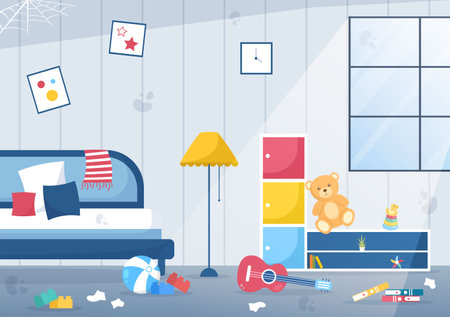 The Bedroom Interior of Messy or Dirty with Trash and Items Scattered Everywhere on Modern Style in Cartoon Vector Illustrationのイラスト素材