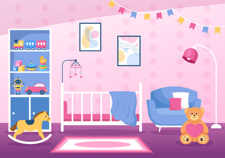 Cozy Kids Bedroom Interior with Furniture Like Bed, Toys, Wardrobe, Bedside Table, Vase, Chandelier in Modern Style in Cartoon Vector Illustrationのイラスト素材