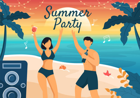 Summer Party Cartoon Background Illustration with Tropical Plants, Equipment on the Beach for Poster or Greeting Card Designのイラスト素材