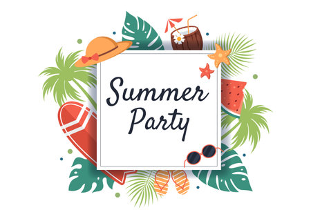 Summer Party Cartoon Background Illustration with Tropical Plants, Equipment on the Beach for Poster or Greeting Card Designのイラスト素材