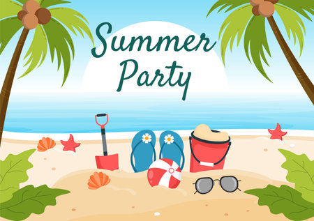 Summer Party Cartoon Background Illustration with Tropical Plants, Equipment on the Beach for Poster or Greeting Card Designのイラスト素材