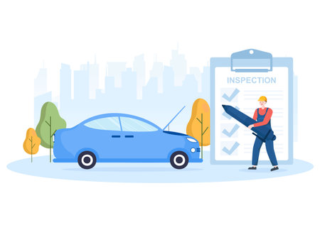 Car Inspection of The Station Detects Faults, Draws up a Checklist of All Breakdowns, Repair and Analysis Transport in Flat Cartoon Illustrationのイラスト素材