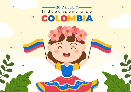 20 De Julio independencia De Colombia Cartoon Illustration with Flags, Balloons and Cute Kids People Characters for Poster Designのイラスト素材
