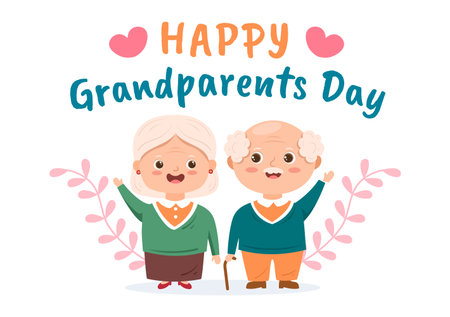 Happy Grandparents Day Cute Cartoon Illustration with Older Couple, Flower Decoration, Grandpa and Grandma in Flat Style for Poster or Greeting Cardのイラスト素材