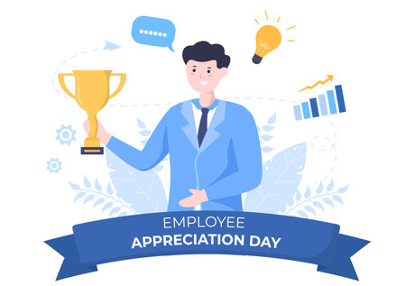 Happy Employee Appreciation Day Cartoon Illustration to Give Thanks or Recognition for their Employees with with Great Job or Trophy in Flat Styleのイラスト素材