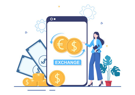 World Currency Exchange Services Cartoon Illustration Online Economy Applications for Cryptography, Euro, Dollar with Transaction Codeのイラスト素材