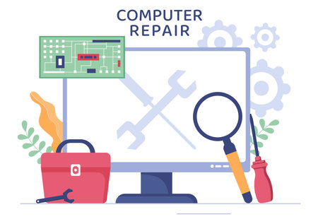 Computer Repair or Service Flat Cartoon Illustration with Tools Repairman Electronics for for Data Recovery Center and Crash on PCのイラスト素材