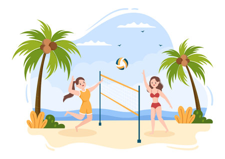 Beach Volleyball Player on the Attack for Sport Competition Series Outdoor in Flat Cartoon Illustrationのイラスト素材