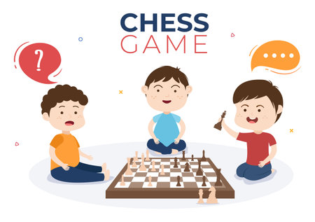 Chess Board Game Cartoon Background Illustration with Two Small Cute Children Sitting Opposite and Playing for Hobby Activity in Flat Styleのイラスト素材