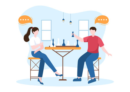 Chess Board Game Cartoon Background Illustration with Two People Sitting Across From Each Other and Playing for Hobby Activity in Flat Styleのイラスト素材