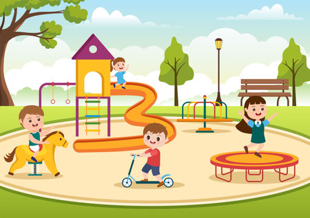 Children Playground with Swings, Slide, Climbing Ladders and More in the Amusement Park for Little Ones to Play in Flat Cartoon Illustrationのイラスト素材