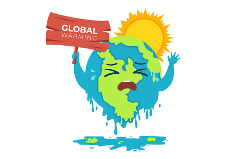 Global Warming Cartoon Style Illustration with Planet Earth in a Melting or Burning State and Image Sun to Prevent Damage to Nature and Climate Changeのイラスト素材